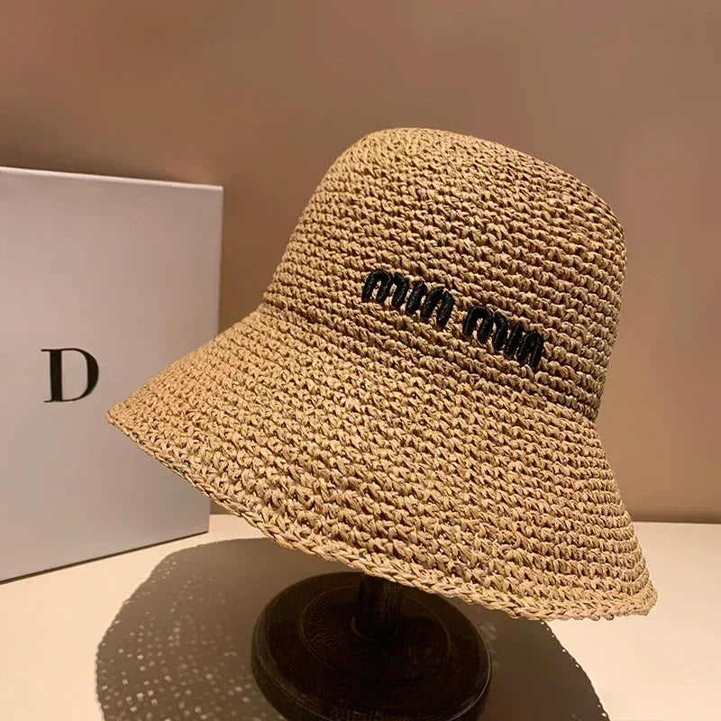 Chapeau de soleil en paille pour femmes 2025, grand bord large, pliable, pour la plage, style créateur, seau coréen pour l'extérieur