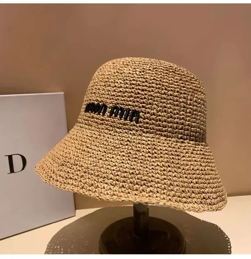 Chapeau de soleil en paille pour femmes 2025, grand bord large, pliable, pour la plage, style créateur, seau coréen pour l'extérieur