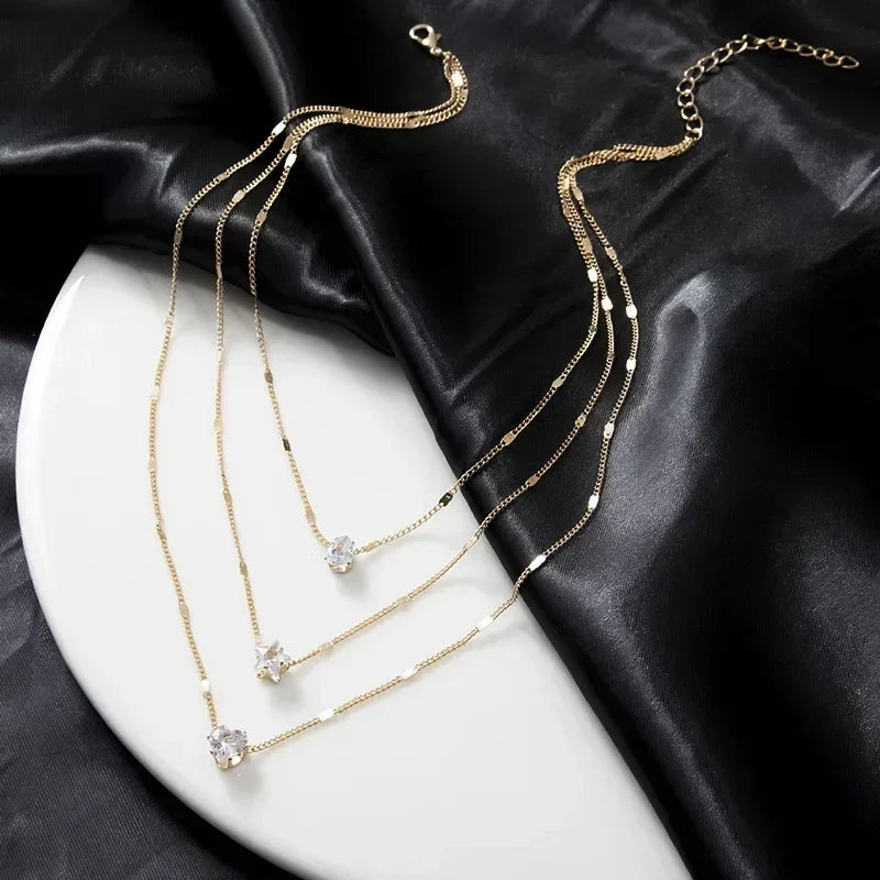 Collier pendentif multicouche sur chaîne pour femme, en cristal, zircon, cœur, étoile, breloque, superposition, bijoux de cou vintage, tendance