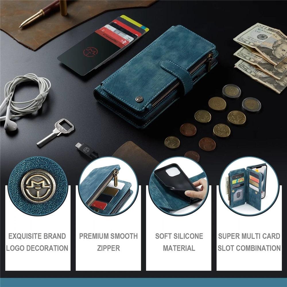 Vintage Card Holder Leather Wallet Case for iPhone 11 12 13 14 Pro Max Mini XR XS Max 8 7 6s Plus SE Storage Pocket Cover Flip Case PU Leather Protective Case With Magnetic Closure