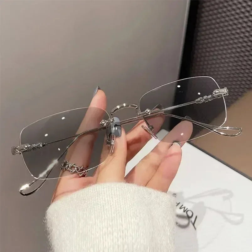 Nouvelles Lunettes de Myopie Photochromiques Tendance Vintage Sans Monture Carrées Femme Homme Anti Lumière Bleue UV Lunettes de Soleil Optiques Dioptre