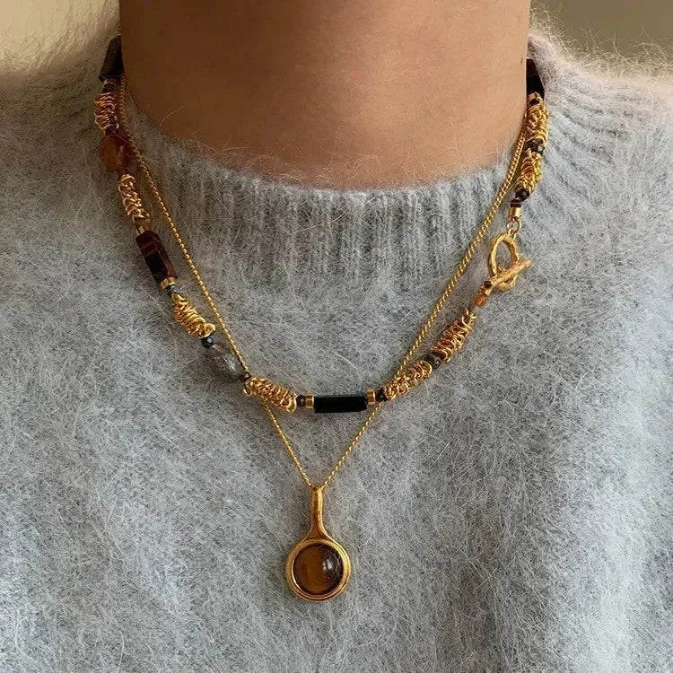 Nouveau collier ras-du-cou double couche en perles, pierres naturelles et métal épissé pour femme, collection automne-hiver