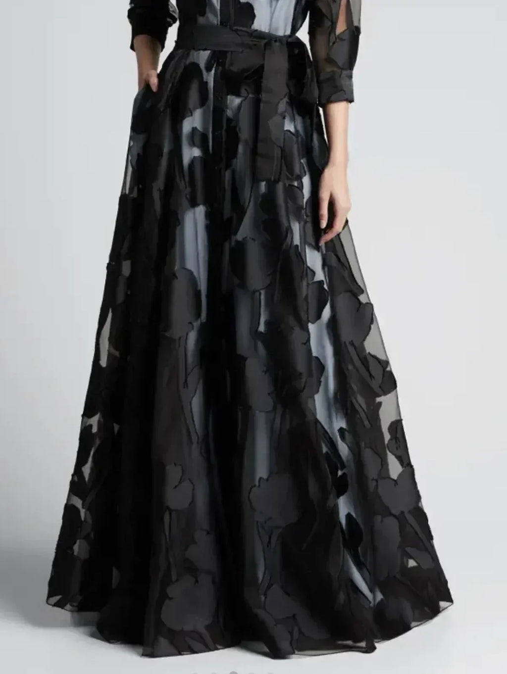 Élégante Robe Longue en Maille Jacquard Transparente à Manches Trois-Quarts et Nœud à la Taille sans Doublure pour Soirée Club Femme