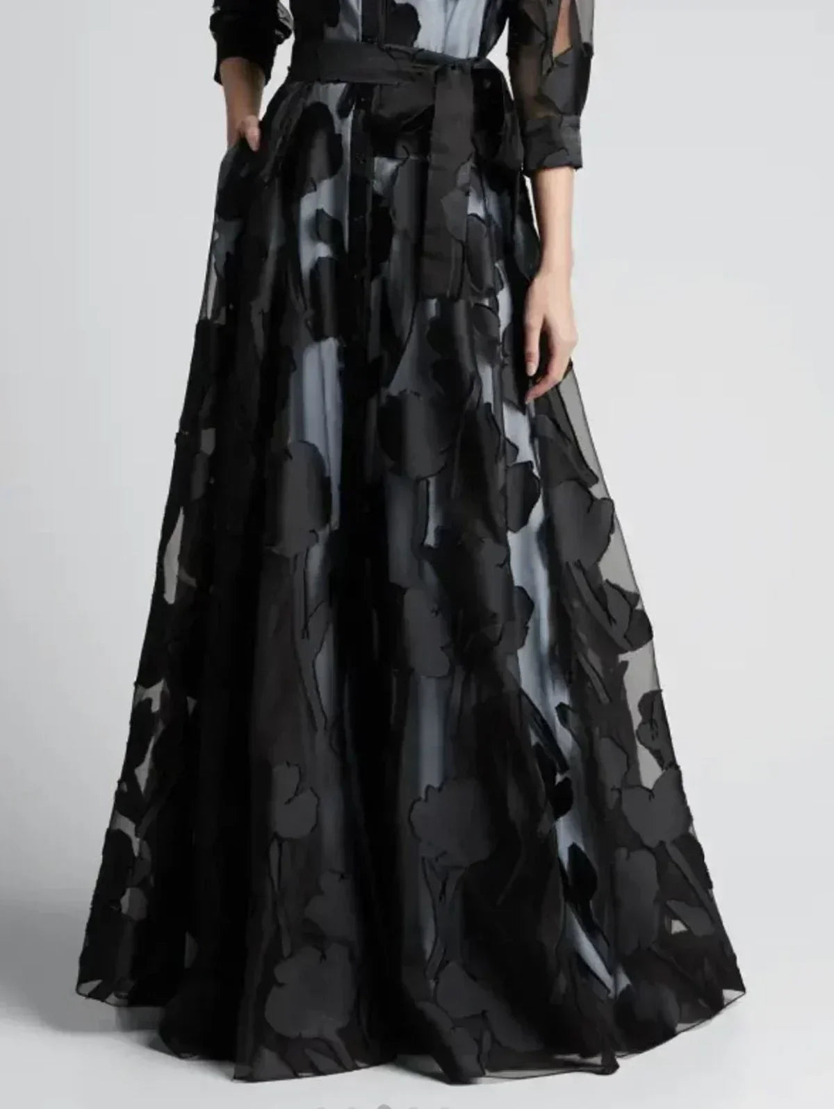 Élégante Robe Longue en Maille Jacquard Transparente à Manches Trois-Quarts et Nœud à la Taille sans Doublure pour Soirée Club Femme