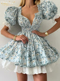 Clacive Robe d'été mince imprimée pour femme, à la mode, col slash, manches courtes, mini robes élégantes, taille haute, patchwork, robe féminine