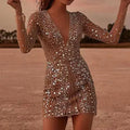 Robe sexy à col en V plongeant et manches longues brillantes, élégante robe de soirée pour femmes à paillettes, robe portefeuille chic et unie à paillettes.
