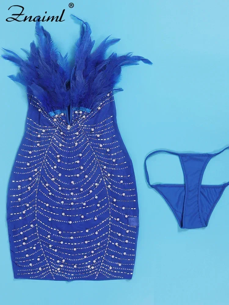 Znaiml Robes moulantes dos nu transparentes en maille diamantée avec strass et plumes sexy pour femme, boîte de nuit, fête d'anniversaire, soirée, Vestidos