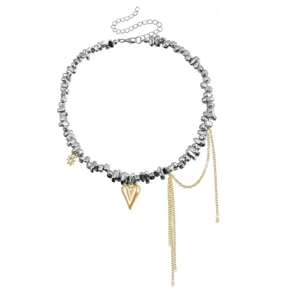 Collier Cœur Perlé Tendance pour Femmes Style Bohème Élégant Chaîne en Cristal Irrégulier Ras du Cou Y2K Exquis Cadeau de Fête Bijoux Accessoires