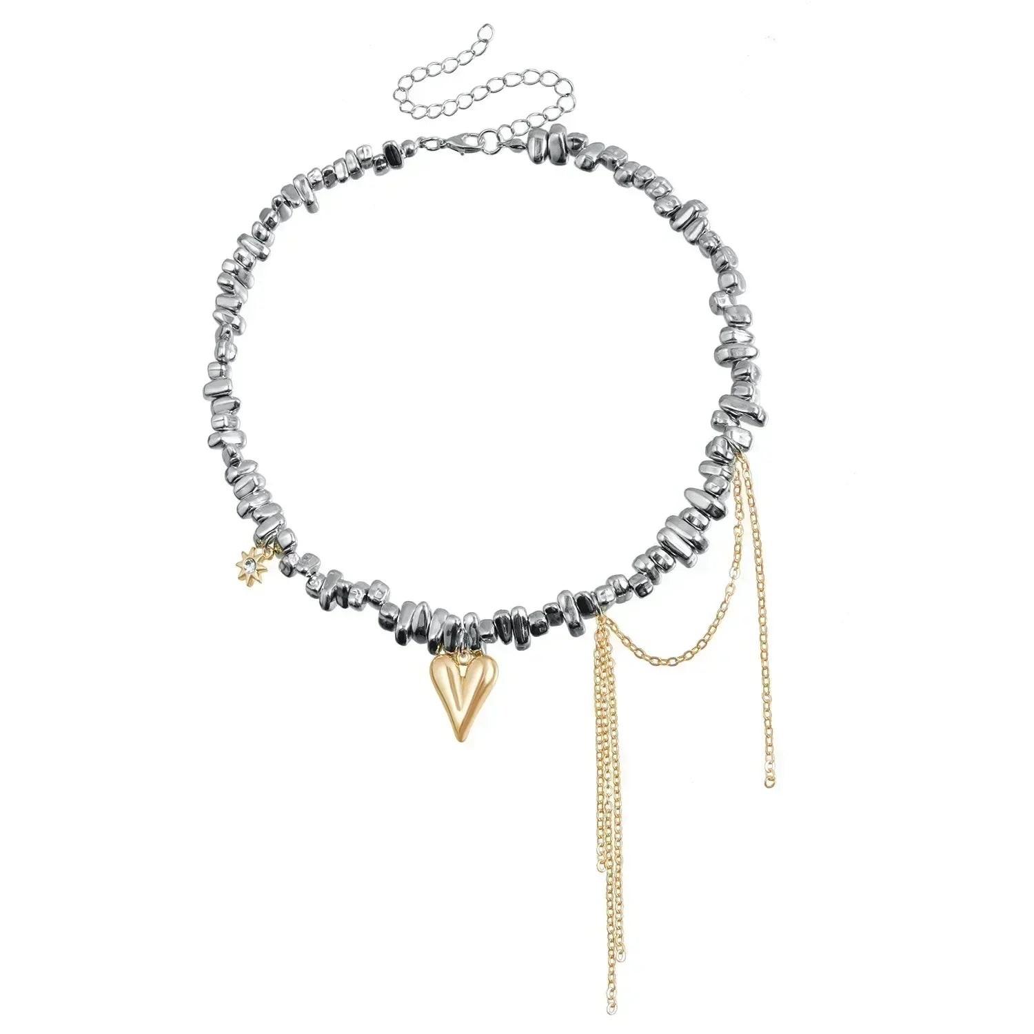Collier Cœur Perlé Tendance pour Femmes Style Bohème Élégant Chaîne en Cristal Irrégulier Ras du Cou Y2K Exquis Cadeau de Fête Bijoux Accessoires
