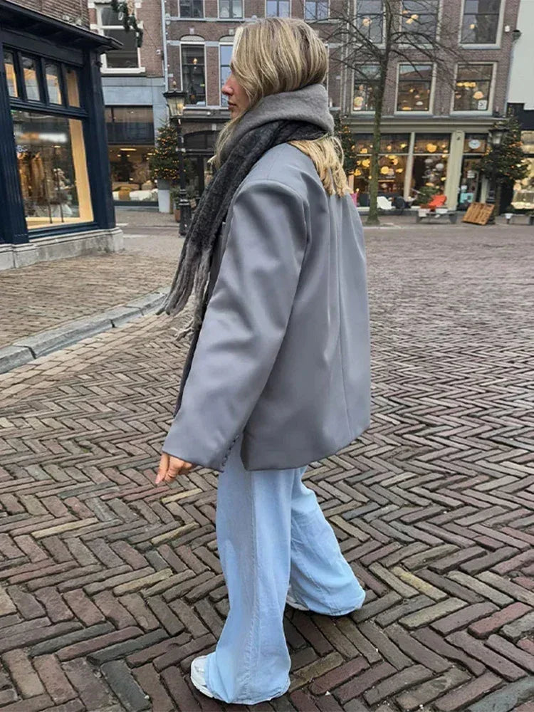 Veste de costume col V boutonnée sur le côté pour femme Manches longues couleur unie Manteaux Poignets poches Hauts oversize Vêtements féminins style urbain