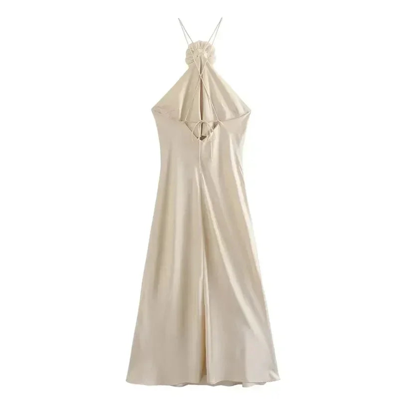 FEMME Robe Fleurie Dos Nu Femme Épaule Dénudée Satin Longue Robe Femmes Dos Nu Sexy Robes de Soirée Robes d'Été pour Femmes