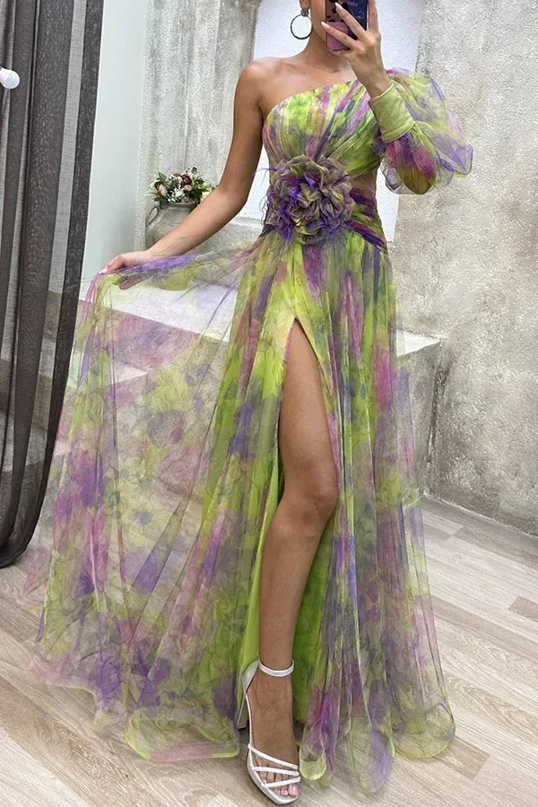 Robe longue en maille fendue haute à glissière asymétrique à épaule dénudée pour femme, robe de soirée à fleurs décoratives