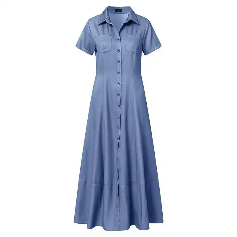 Robe Chemise en Jean Ample à Simple Boutonnage, Robe Décontractée à Manches Courtes avec Poches et Revers, Épissures et Grande Balançoire, Couleur Unie pour Femme, Nouvelle Collection 2024
