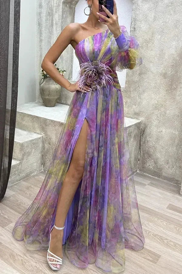 Robe longue en maille fendue haute à glissière asymétrique à épaule dénudée pour femme, robe de soirée à fleurs décoratives