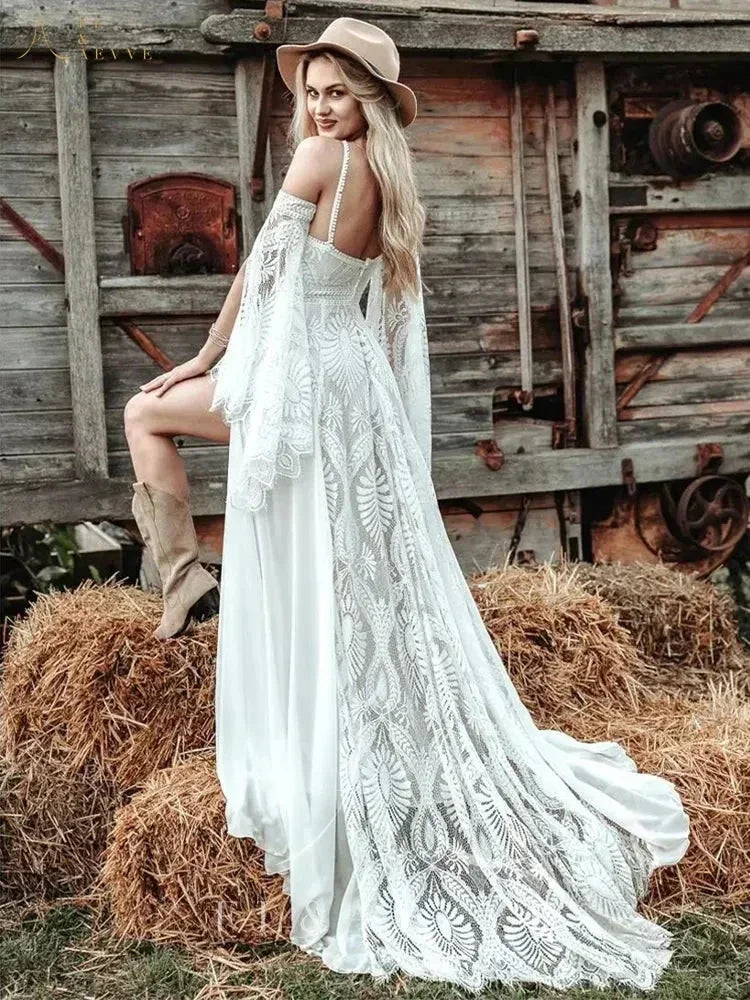 Robe de mariée civile bohème chic personnalisée FL&AEVVE avec fente en dentelle au crochet style hippie Gatsby Elvish