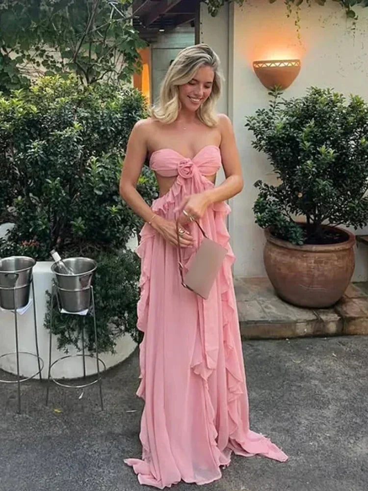Robe longue chic printemps femme ajourée fleur 3D ourlet à volants élégante épaule dénudée dos nu Robe de soirée Street Party 2025 Nouvelle collection