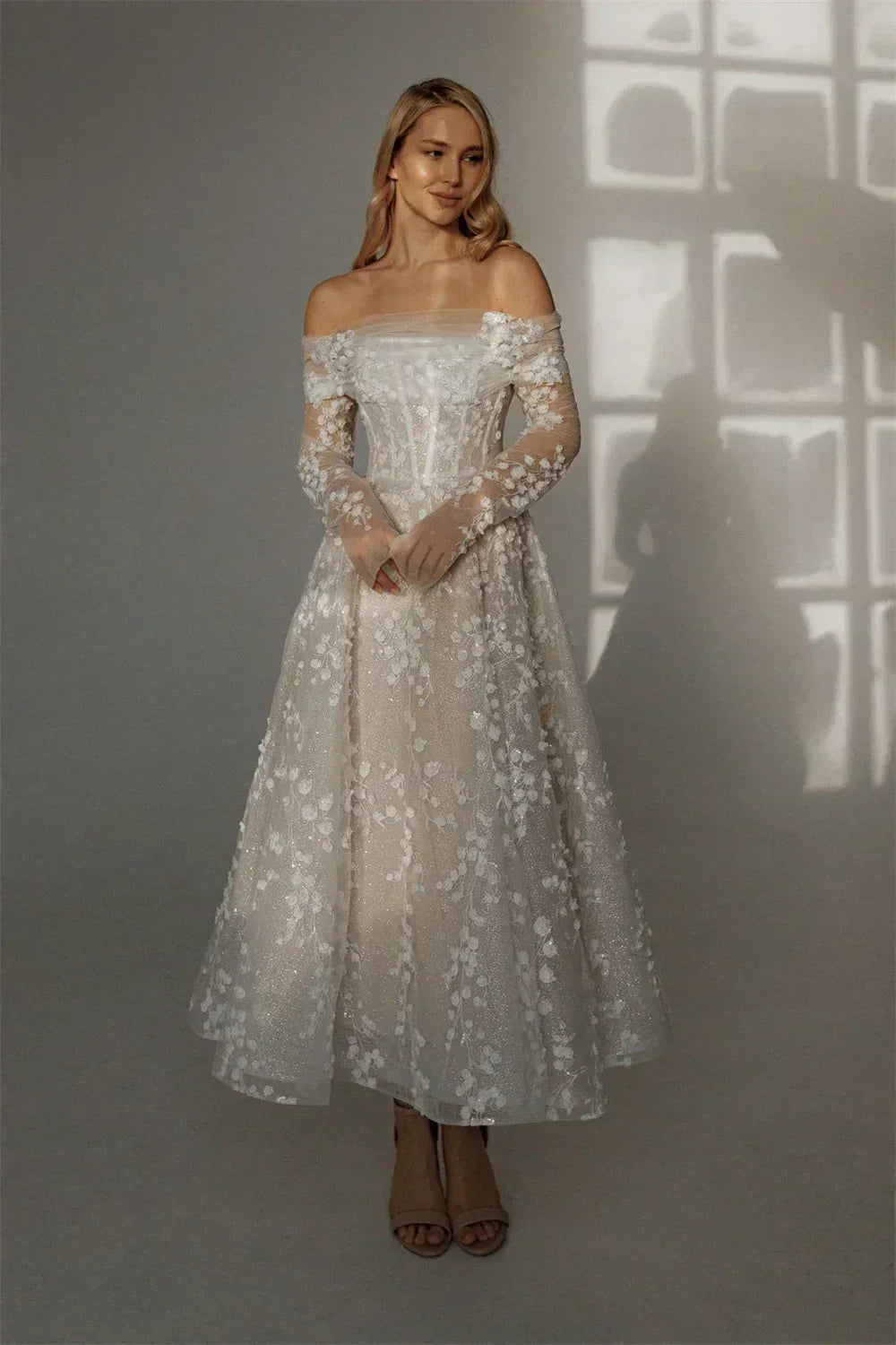 Kyoto Customized Lace Flowers Detachable Long Sleeves Wedding Dress Ankle-Length Glitter vestidos de novia A-Line Formal Gown