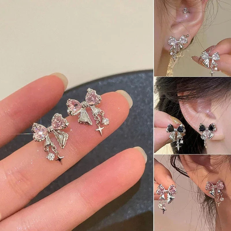 Nouvelles boucles d'oreilles clous Zircon Bowknot Y2K pour femmes Mode coréenne Couleur argent Cristal rose Boucles d'oreilles personnalisées Bijoux de fête Cadeaux