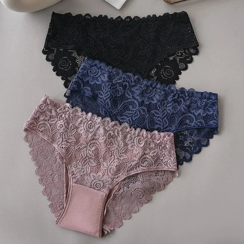 Lot de 3 slips de luxe en dentelle brodée florale pour femme, culottes sexy ajourées, lingerie féminine, sous-vêtements respirants pour femme