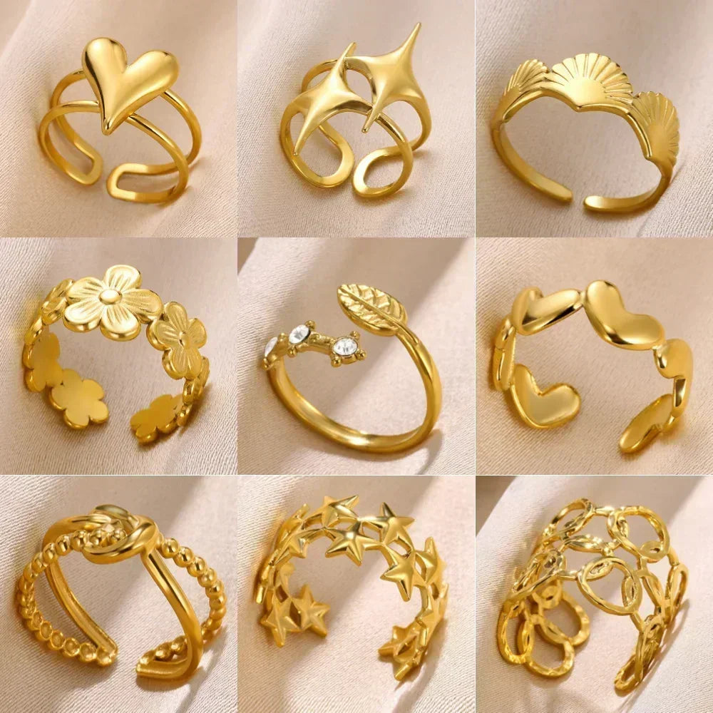 Bagues ouvertes en forme de fleur en acier inoxydable pour femmes, tendance, bijoux de mariage en forme de cœur, couleur or, anneau géométrique creux, accessoires quotidiens, cadeau