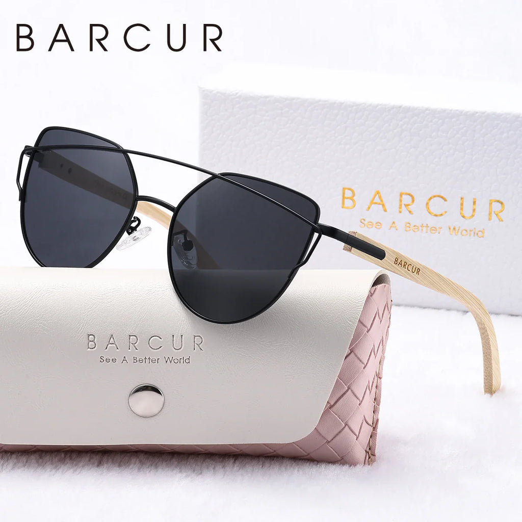 BARCUR Lunettes de soleil polarisées de luxe UV400 pour femme, œil de chat, branches en bambou, verres miroirs, présentées dans une boîte cadeau blanche pour l'été
