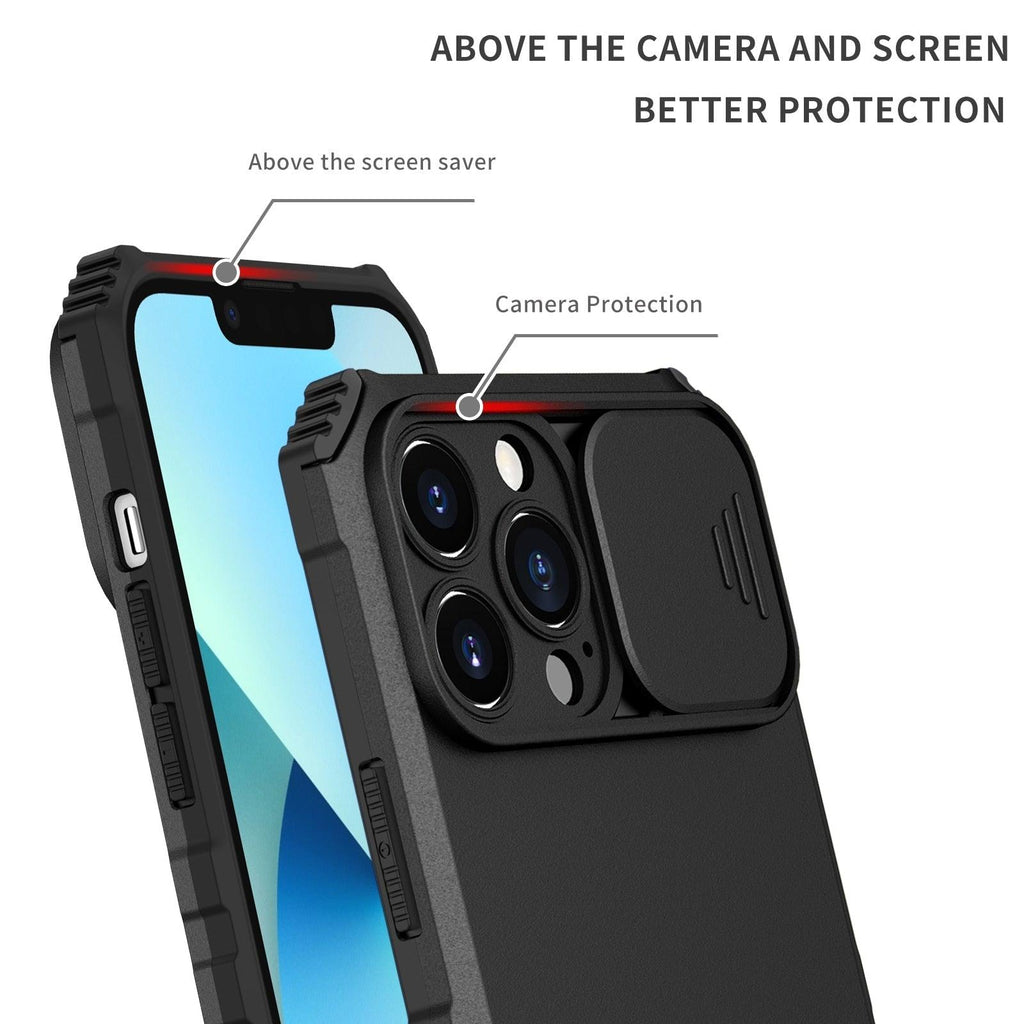 Étui antichoc bleu avec support réglable pour iPhone 14 13 12 11 Pro Max, avec protection coulissante pour appareil photo et béquille, protection antichoc, design moderne pour iPhone