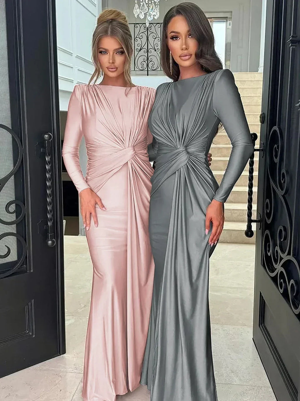 Robe longue Dulzura à manches longues et épaulettes, froncée, unie, élégante, pour bal de promo ou soirée, tenue d'automne et d'hiver pour femme