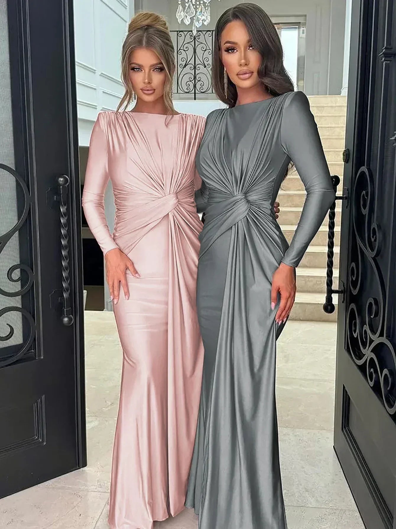 Robe longue Dulzura à manches longues et épaulettes, froncée, unie, élégante, pour bal de promo ou soirée, tenue d'automne et d'hiver pour femme