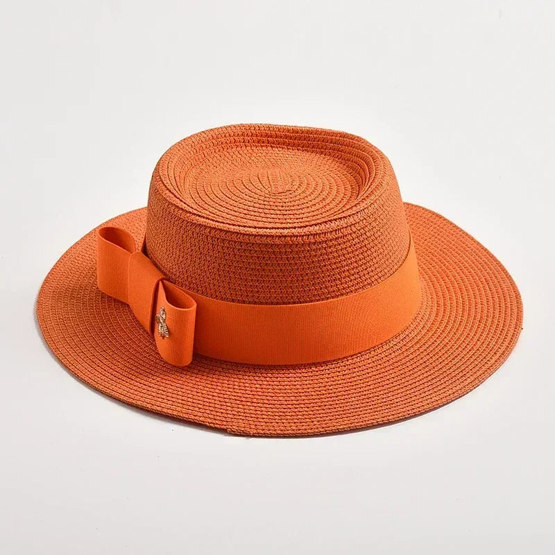 NOUVEAUX Chapeaux de paille Printemps Été pour femmes Surface ronde bosselée Dessus plat Nœud Papillon Robe Casquette Voyage Plage Soleil Chapeau Gorra