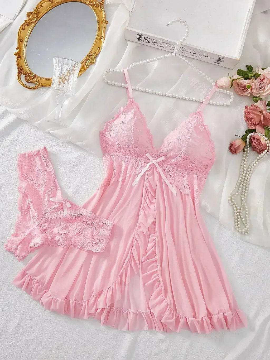 Ensemble de Lingerie Sexy Femme Soutien-gorge Érotique Chemise de Nuit Lingerie en Dentelle Sexy Vêtements de Nuit Couleur Unie Robes Fines et Douces Col en V Nuisette Complète et Robes