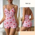 Pyjama une pièce pour femme, pyjama à lèvres rouges imprimées, sans manches, barboteuse courte, pyjama amusant pour adultes, col en V, bretelles, body