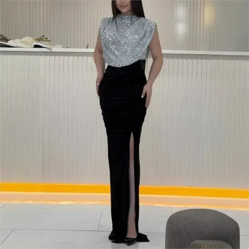 Robe longue élégante à taille haute, robe de soirée décontractée à col rond sans manches pour femme, drapée fendue, épissure à sequins, nouvelle collection 2025
