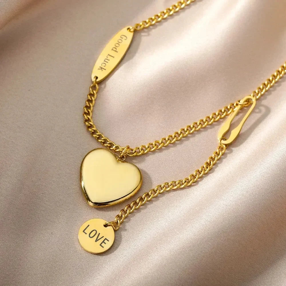Collier multicouche cœur en acier inoxydable 316L pour femmes et filles, gothique, couleur or, chaîne de clavicule, pendentif ras du cou, cadeau d'anniversaire