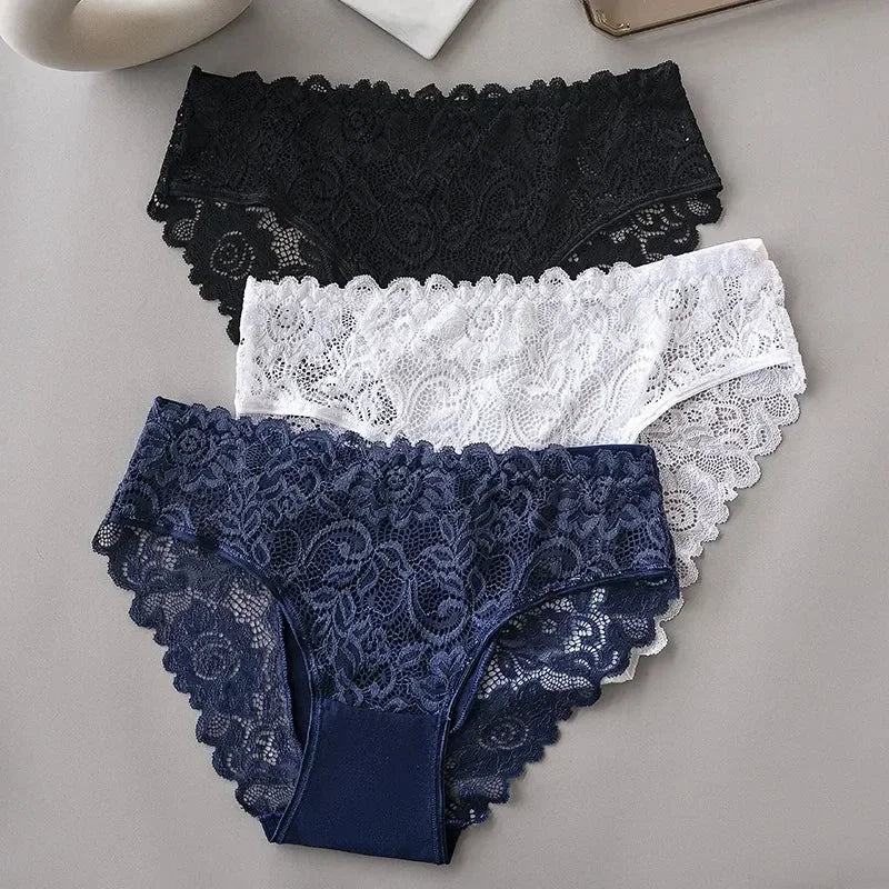 Lot de 3 slips de luxe en dentelle brodée florale pour femme, culottes sexy ajourées, lingerie féminine, sous-vêtements respirants pour femme