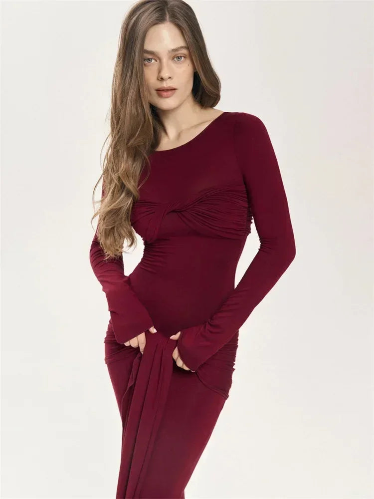 Robe longue plissée sexy pour femme Y2K, robe moulante de rue d'automne, robe patchwork torsadée à manches longues unies pour femme