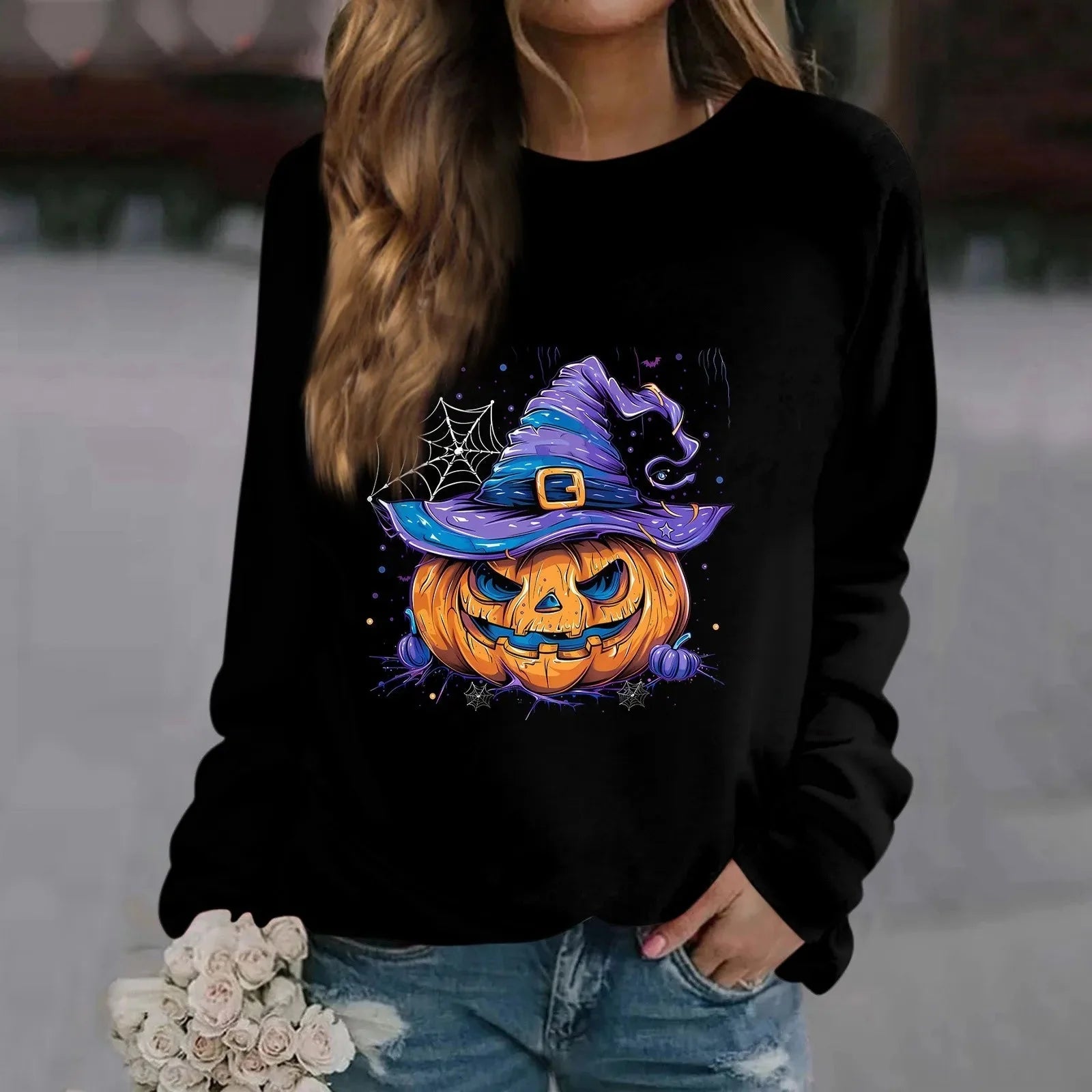 🎃 T-shirt à manches longues imprimé citrouille vintage – T-shirt graphique Halloween Harajuku