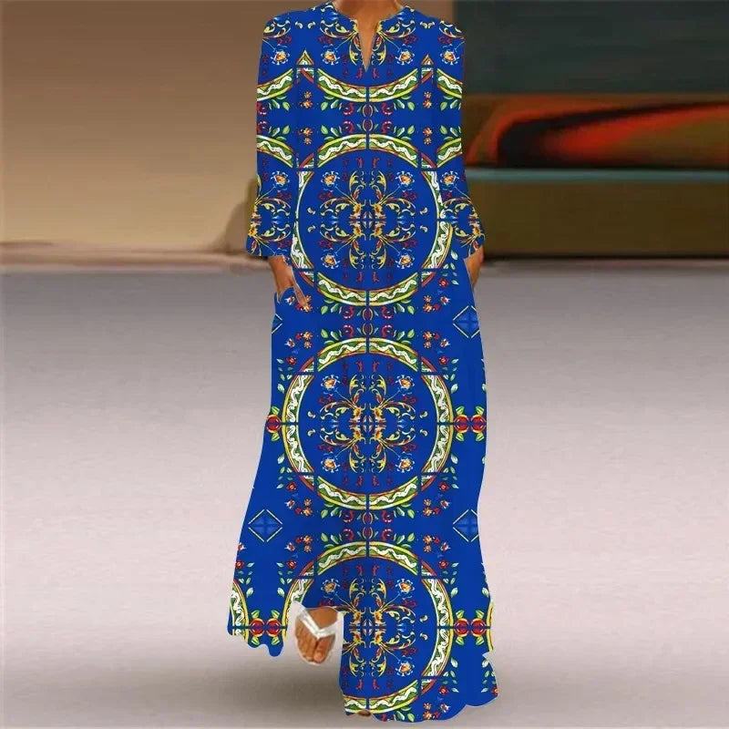 Robe longue maxi imprimée rétro mode Y2K à manches longues, ample, S-5XL