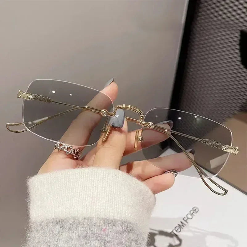 Nouvelles Lunettes de Myopie Photochromiques Tendance Vintage Sans Monture Carrées Femme Homme Anti Lumière Bleue UV Lunettes de Soleil Optiques Dioptre