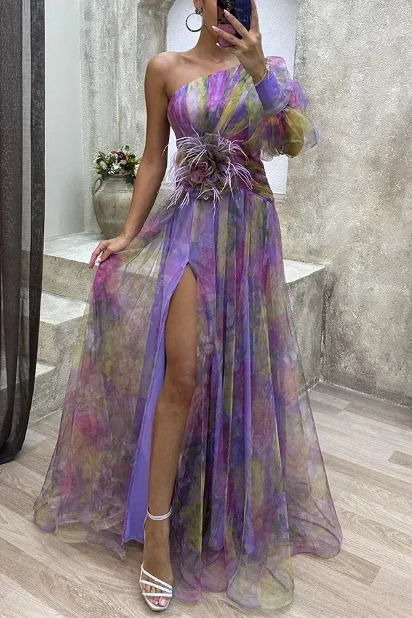 Robe longue en maille fendue haute à glissière asymétrique à épaule dénudée pour femme, robe de soirée à fleurs décoratives
