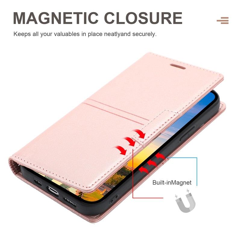 Étui portefeuille en cuir à rabat magnétique avec fentes pour cartes pour iPhone 14 13 12 11 Pro Max, élégant, rétro, avec rabat magnétique invisible, en cuir PU souple de qualité supérieure pour iPhone