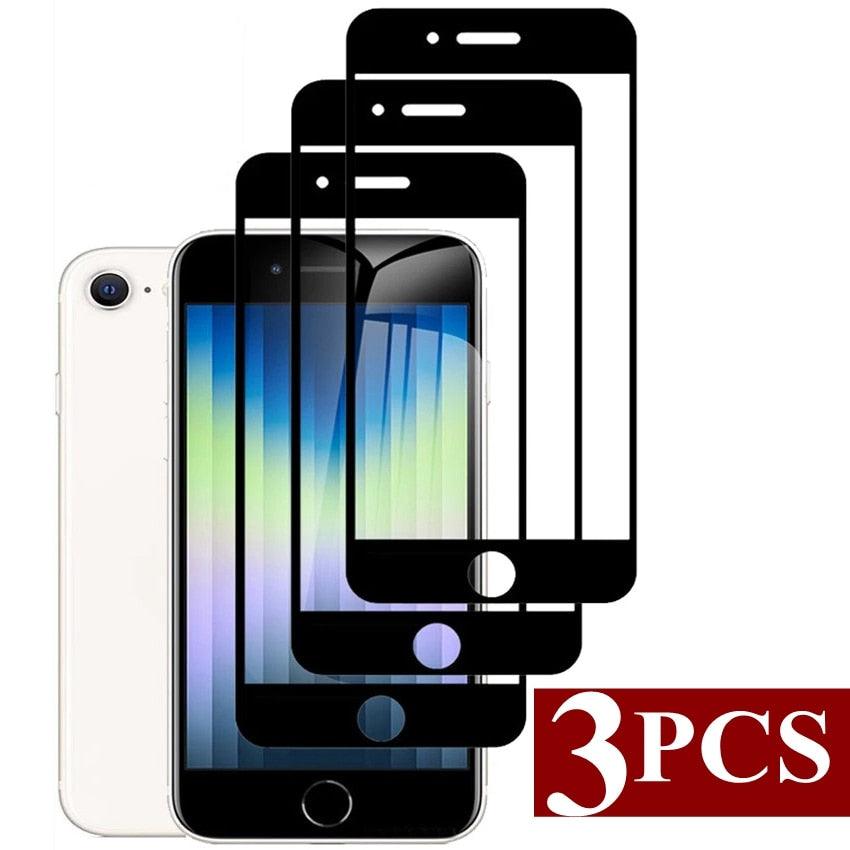 3 protecteurs d'écran en verre trempé à couverture intégrale pour iPhone SE 2022 2020 7 8 Plus, bord noir sur iPhone SE3 SE2, film de protection anti-empreintes digitales pour iPhone