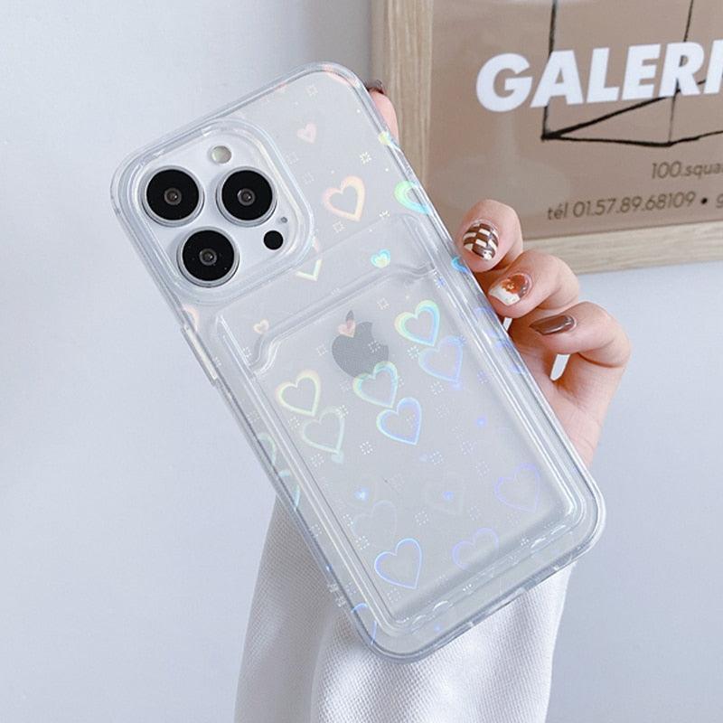 Coques de téléphone transparentes avec motif cœur mignon pour iPhone 13 14 Pro Max Simple Luxueux Amour Dégradé Silicone Étui Portefeuille Porte-Cartes Housse de protection antichoc