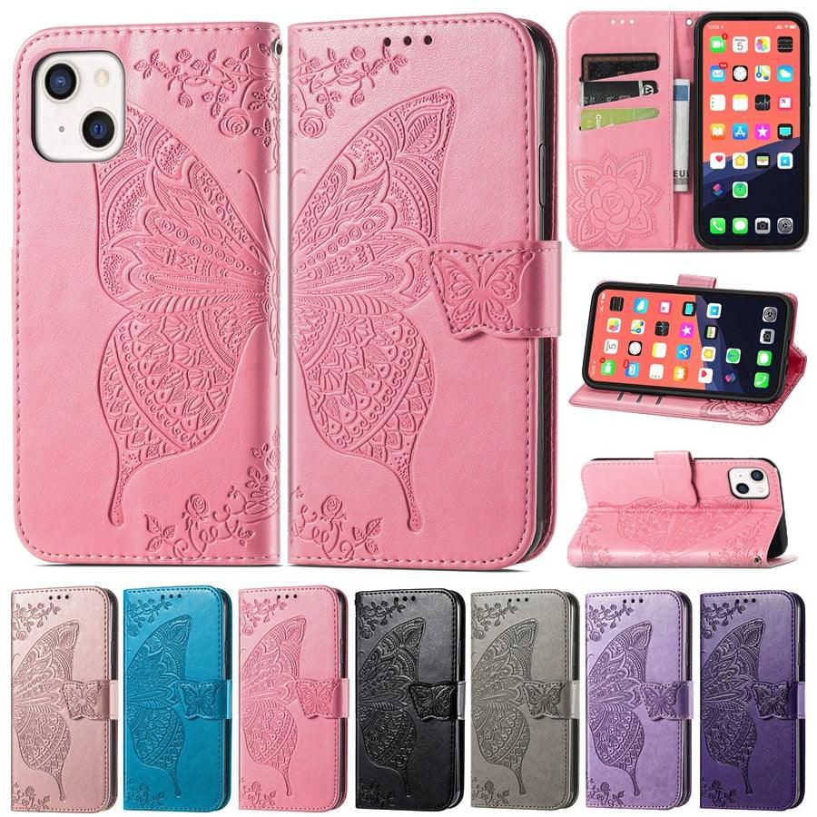 Étui Portefeuille de Luxe Rose Papillon Fleur pour iPhone 14 Pro Max 13 12 Classique Simple Cuir avec Porte-Cartes Béquille Dragonne Rabat pour iPhone