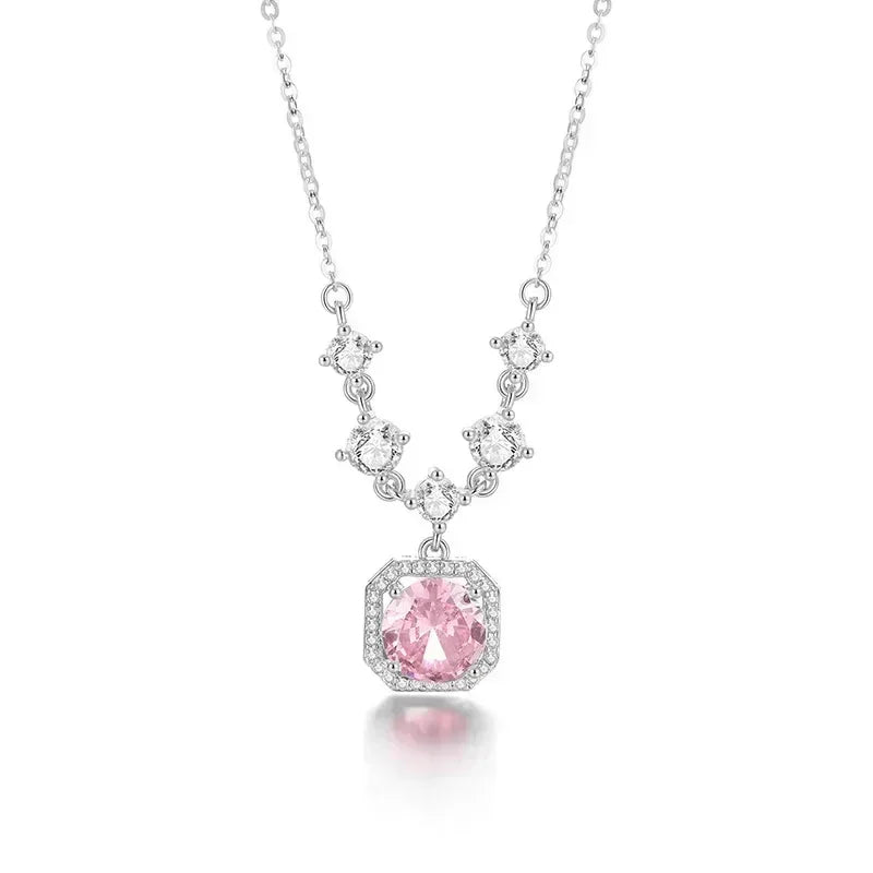 Collier avec pendentif carré de zircon rose luxueux pour femme, accessoire quotidien tendance et personnalisé, bijoux de fête, cadeaux d'anniversaire
