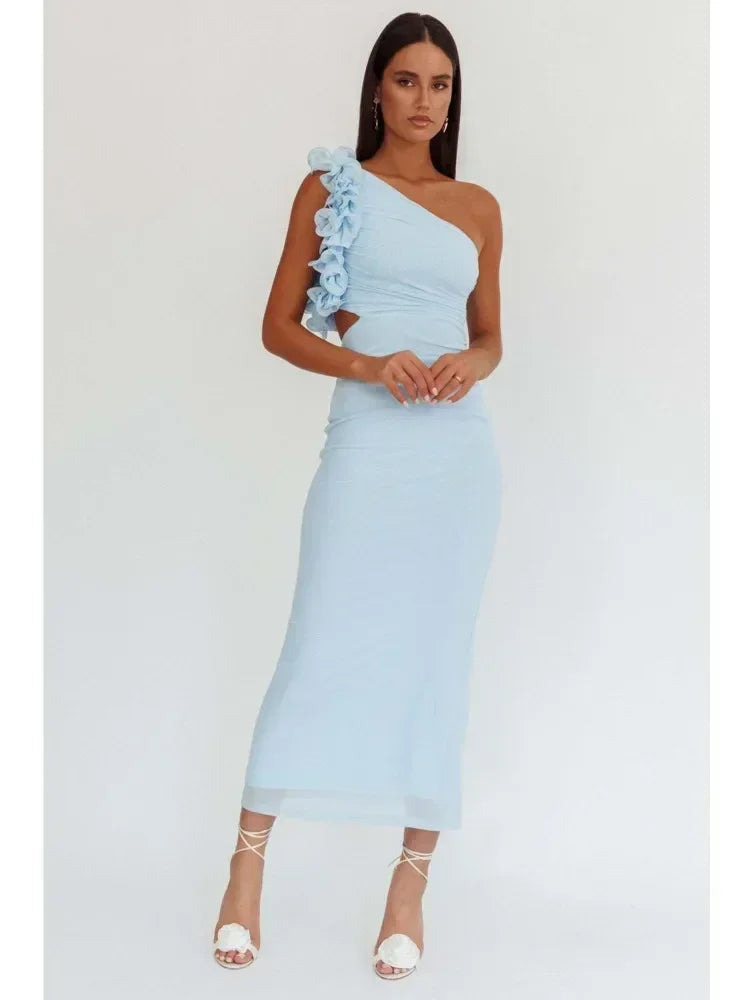 Articat Robe de soirée moulante asymétrique à fleurs pour femme, sexy, dos nu, coupe slim, printemps/été 2025