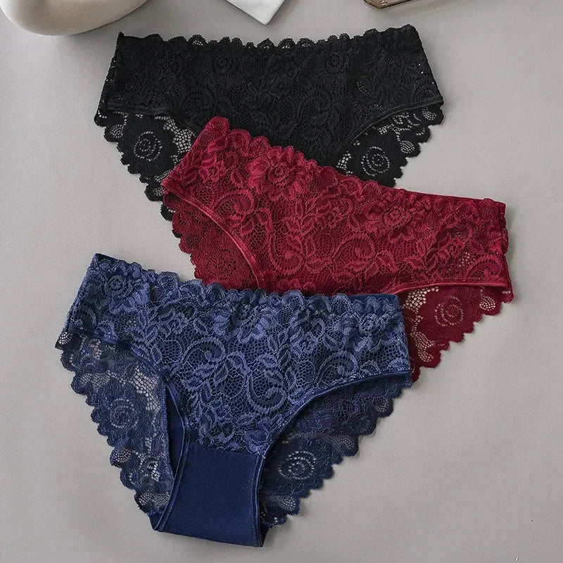 Lot de 3 slips de luxe en dentelle brodée florale pour femme, culottes sexy ajourées, lingerie féminine, sous-vêtements respirants pour femme