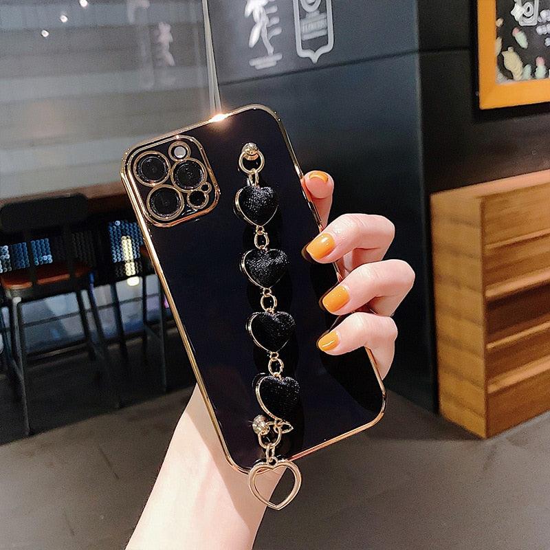 Coque de luxe en silicone pour femme avec bracelet chaîne pour iPhone, coque bracelet pour iPhone 13 12 11 Pro Max, coques avec chaîne en cœur pour iPhone 7 8 Plus XR XS Max X