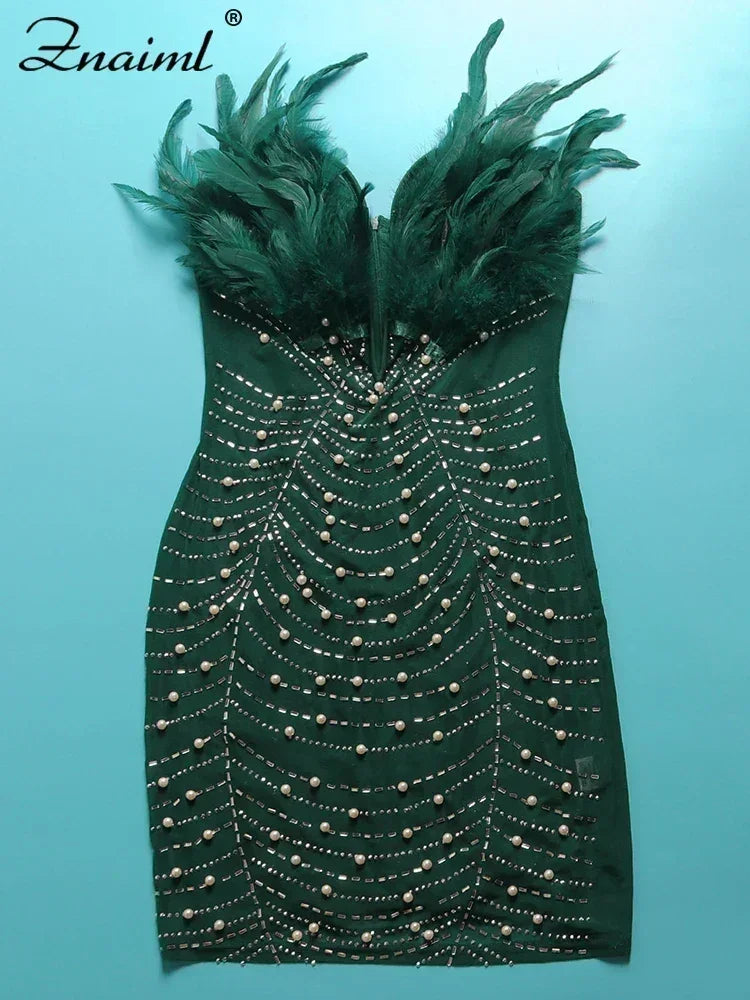 Znaiml Robes moulantes dos nu transparentes en maille diamantée avec strass et plumes sexy pour femme, boîte de nuit, fête d'anniversaire, soirée, Vestidos