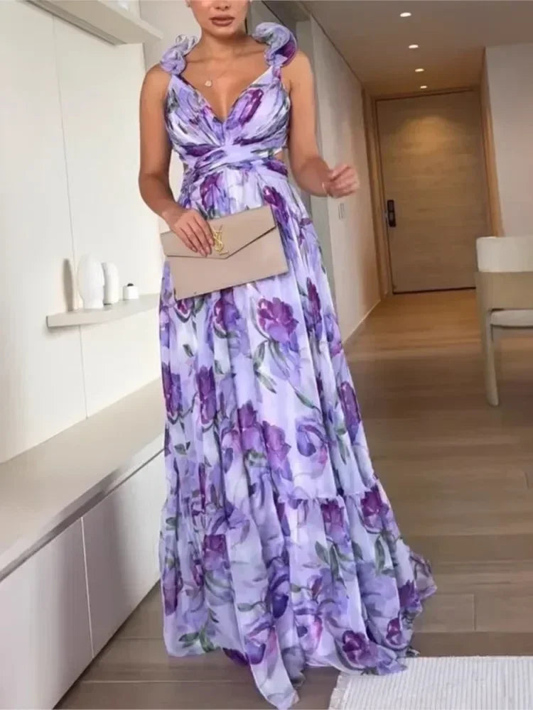 Robe longue en mousseline de soie imprimée sexy 2025, mode estivale, élégante, col en V, volants, coupe ajustée, sans manches, dos nu, robes de soirée pour les vacances