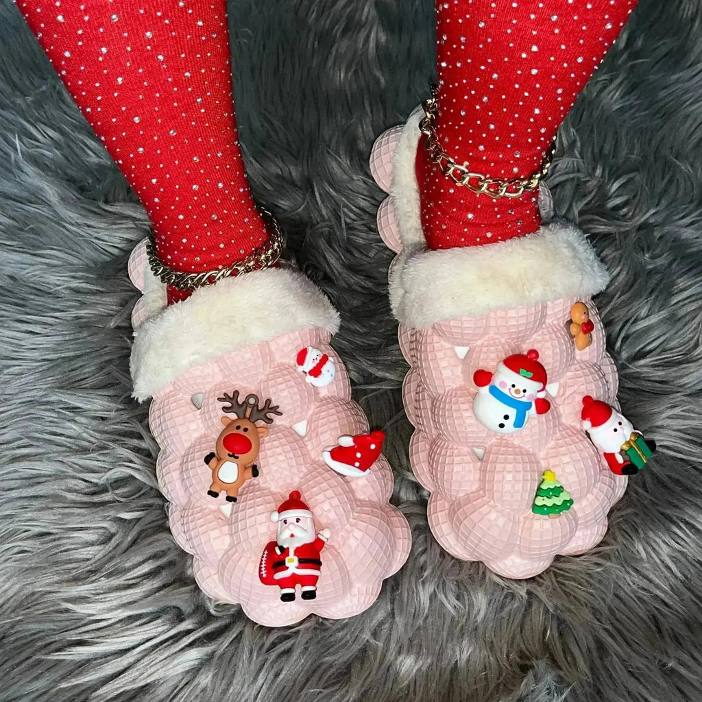 Pantoufles de maison roses en fourrure pour Noël, drôles, à bulles, à faire soi-même